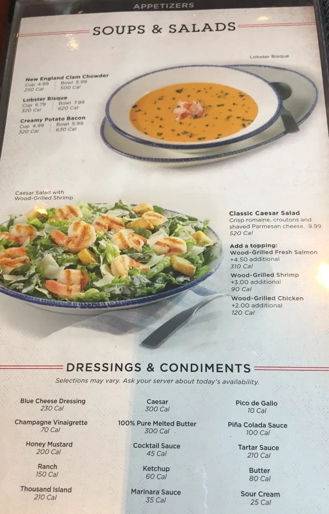 Red lobster menu with prices and calories